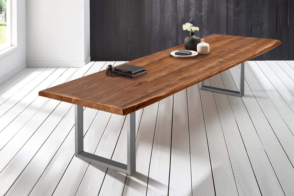 Esstisch Baumkante massiv Akazie nussbaumfarben 300 x 120 silber VALIN