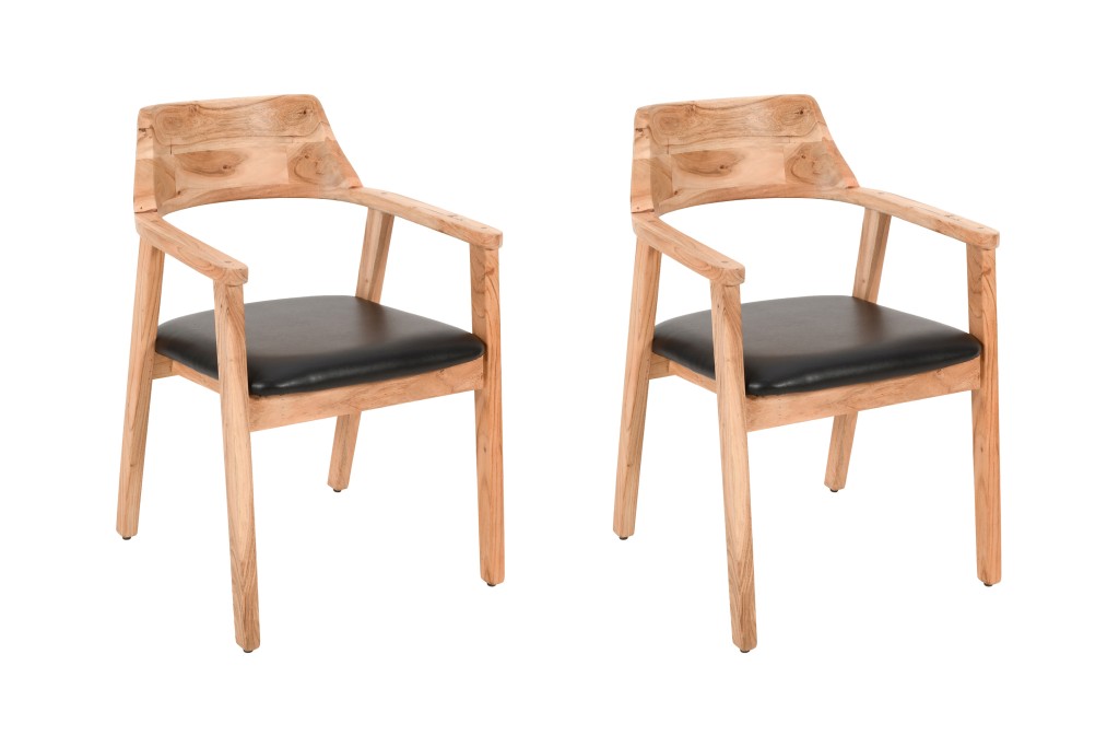 Esszimmerstuhl massive Akazie natur Sitz Echtleder schwarz ANGEL (2er-Set)