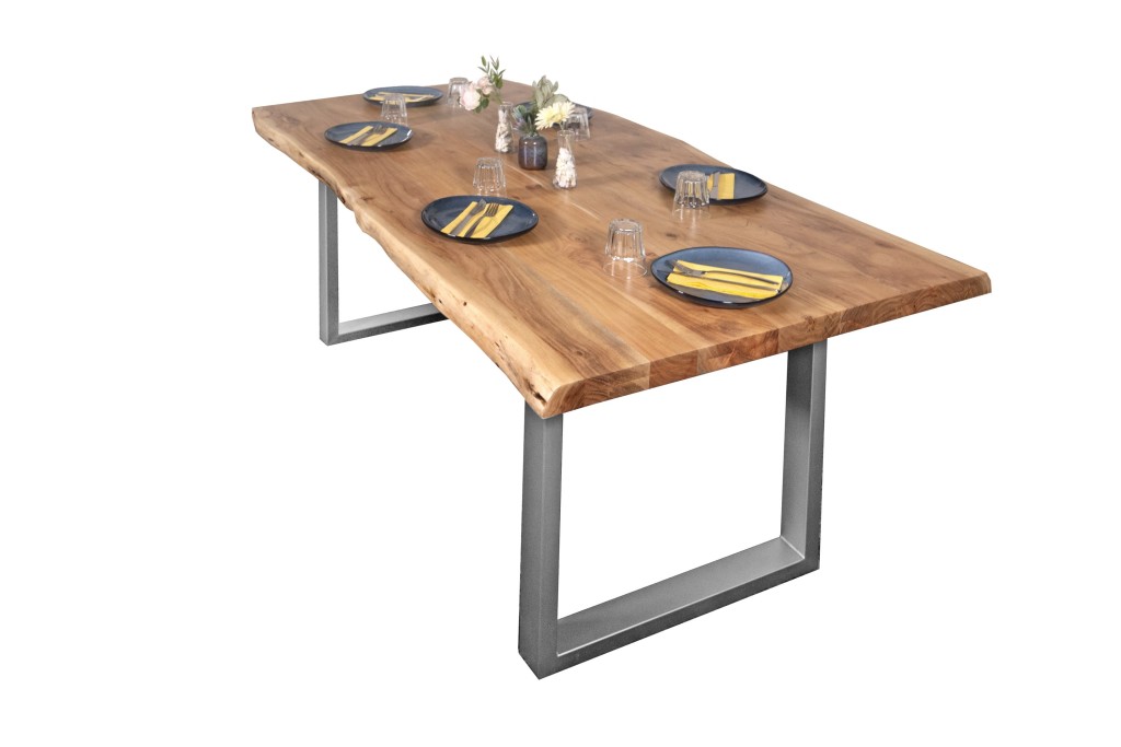 Esstisch Baumkante massiv Akazie Natur 280 x 120 U-Gestell silber CALI
