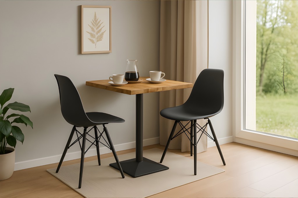 Essgruppe Bistrotisch Baumkante massiv 60 x 60 cm Mango rough schwarz Säulengestell INES