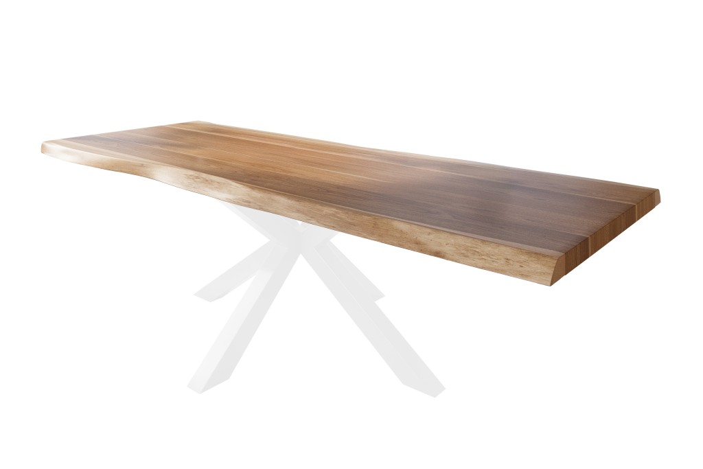Esstisch Baumkante massiv Akazie natur 280 x 110 Spider-Gestell Metall weiß TITAN