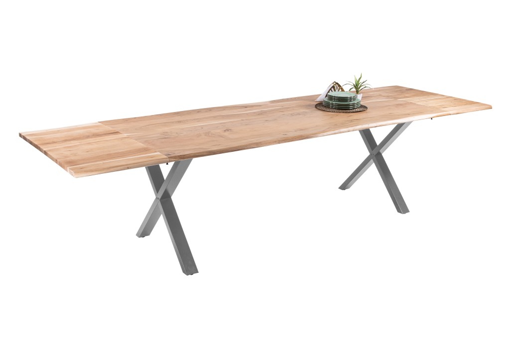 Esstisch Baumkante Akazie natur 200(300)x100 Ansteckplatten Vierfuß-Gestell silber AVINO
