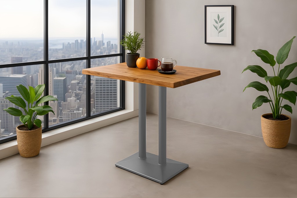 Bistrotisch Baumkante massiv 120 x 60 cm Mango naturfarben silber Doppelsäulengestell IAN
