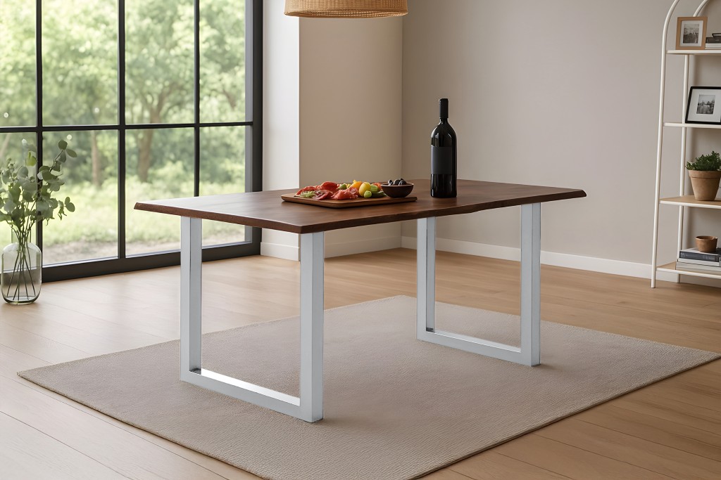 Esstisch Baumkante massiv Akazie kastanienfarben 140 x 80 cm U-Gestell silber Roxana