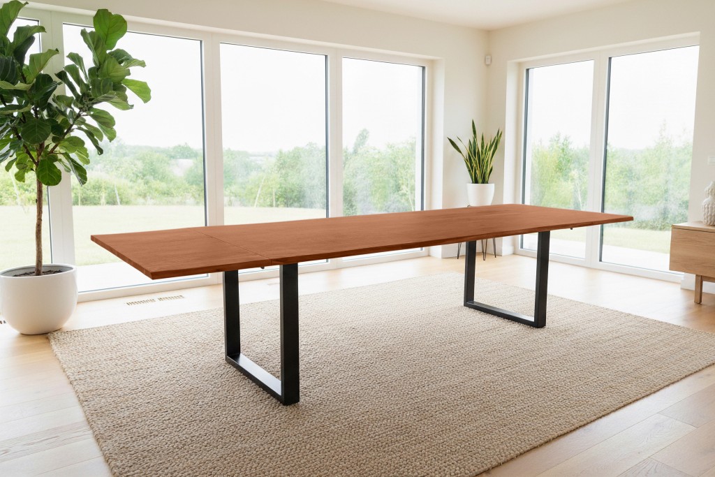 Esstisch Baumkante Akazie nuss 220(320)x100 Ansteckplatten U-Gestell schwarz AVINO