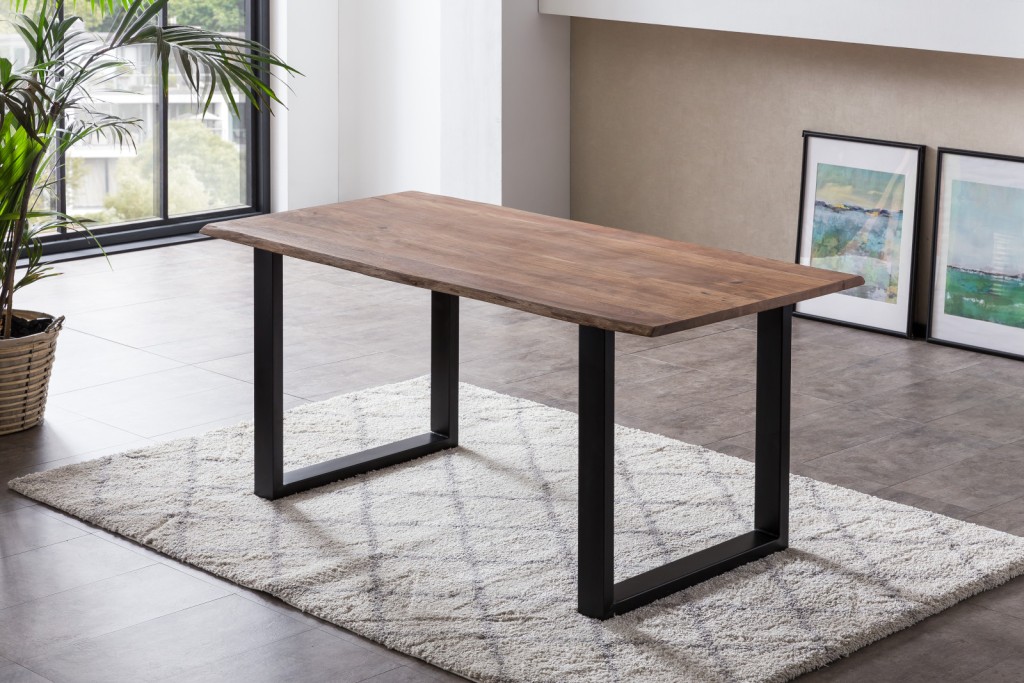 Esstisch Baumkante massiv Akazie stonefarben 180 x 90 cm schwarz LAURINA