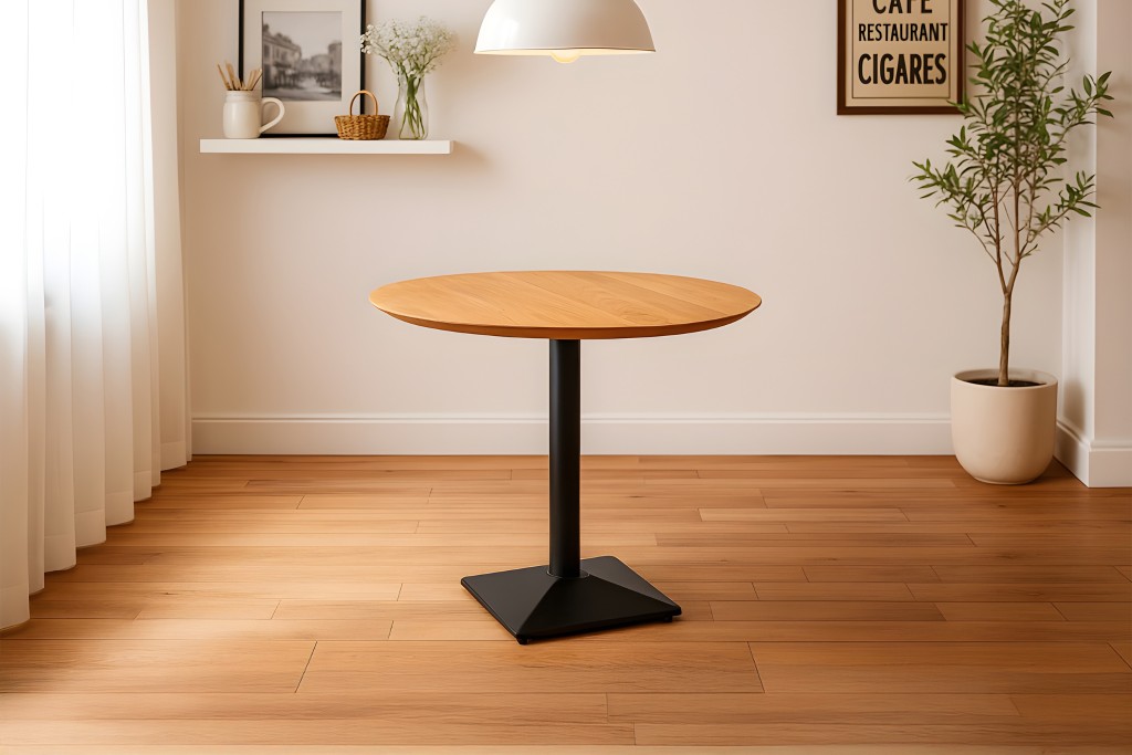 Bistrotisch Schweizer Kante massiv Akazie naturfarben 90 cm Säulengestell-eckig schwarz BRASILIA