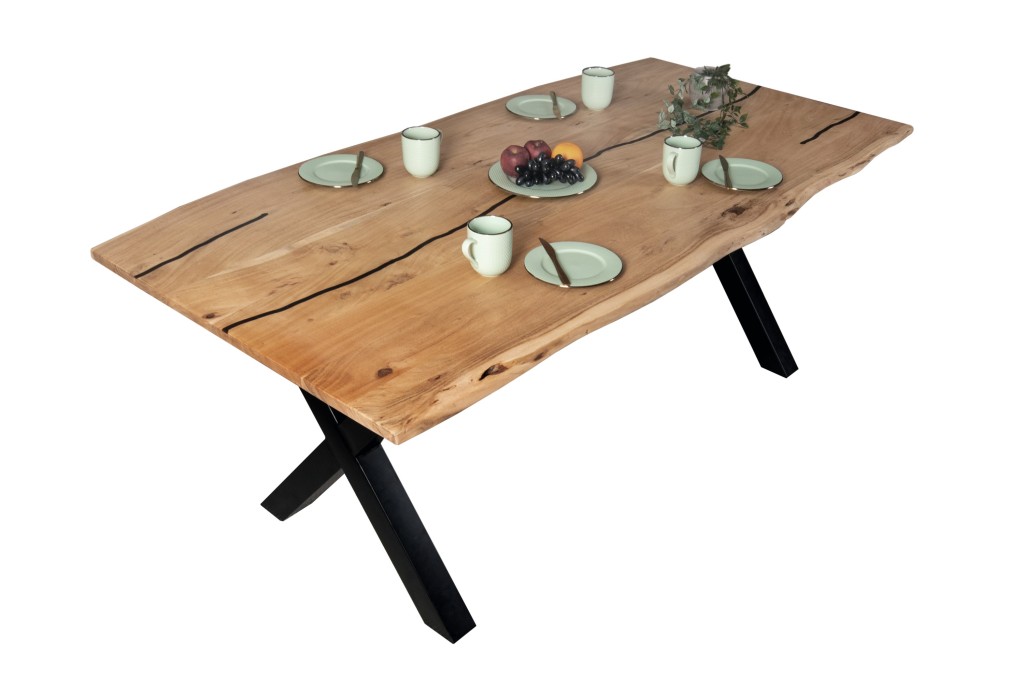 Baumkantentisch Akazie mit schwarzen Resin-Adern naturfarben 200 x 100 cm X-Gestell schwarz POLLY