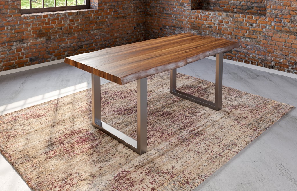 Esstisch Baumkante Massiv Akazie nussbaumfarben 180x90 U-Gestell edelstahl UTRECHT