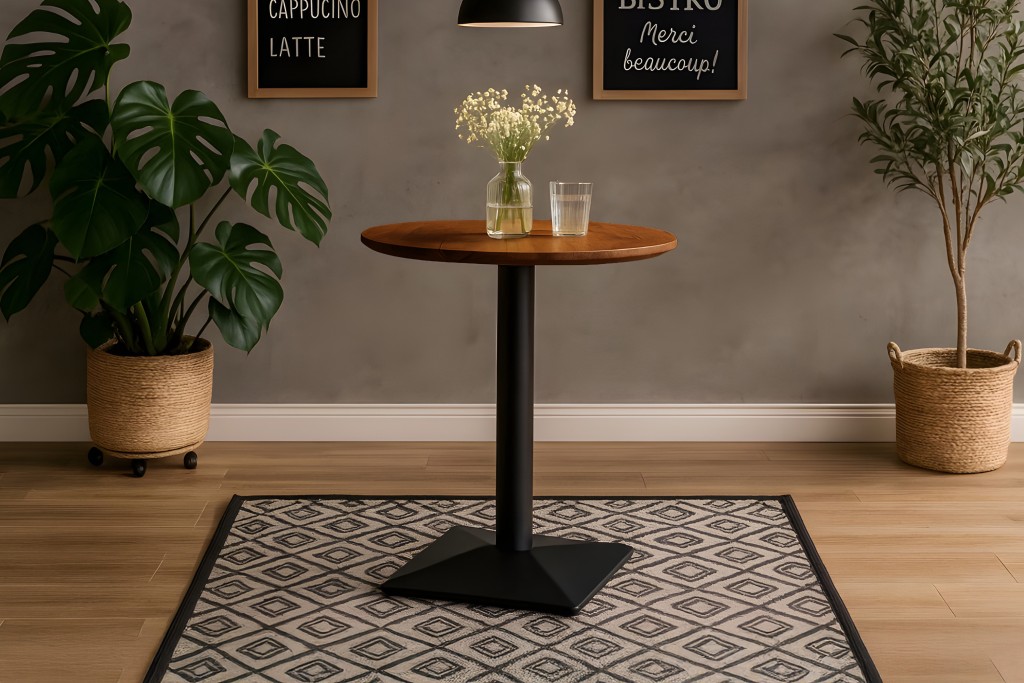 Bistrotisch Schweizer Kante massiv Akazie nussbaumfarben 60 cm Säulengestell-eckig schwarz BRASILIA