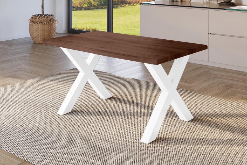 Esstisch Baumkante Holz-Optik Nussbaum 120 x 80 X-Gestell weiß JULIUS