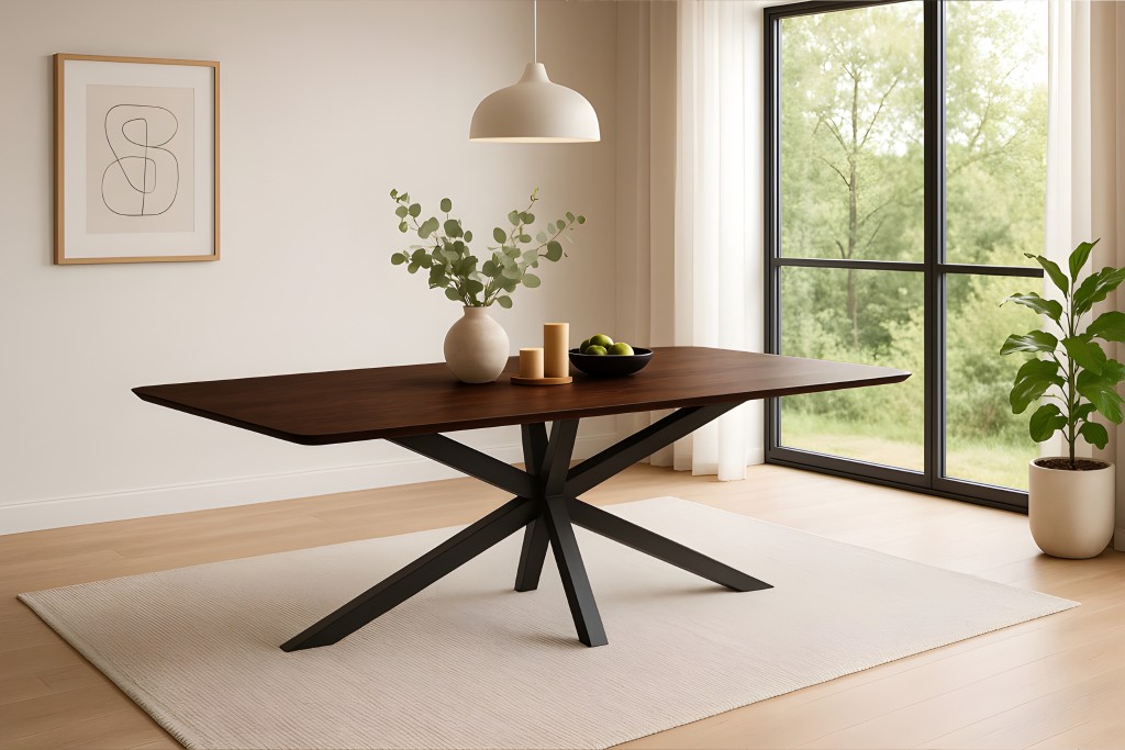 Esstisch 220 x 100 cm Akazie massiv kastanienfarben Schweizer Kante Spider-Gestell schwarz ROBERTO