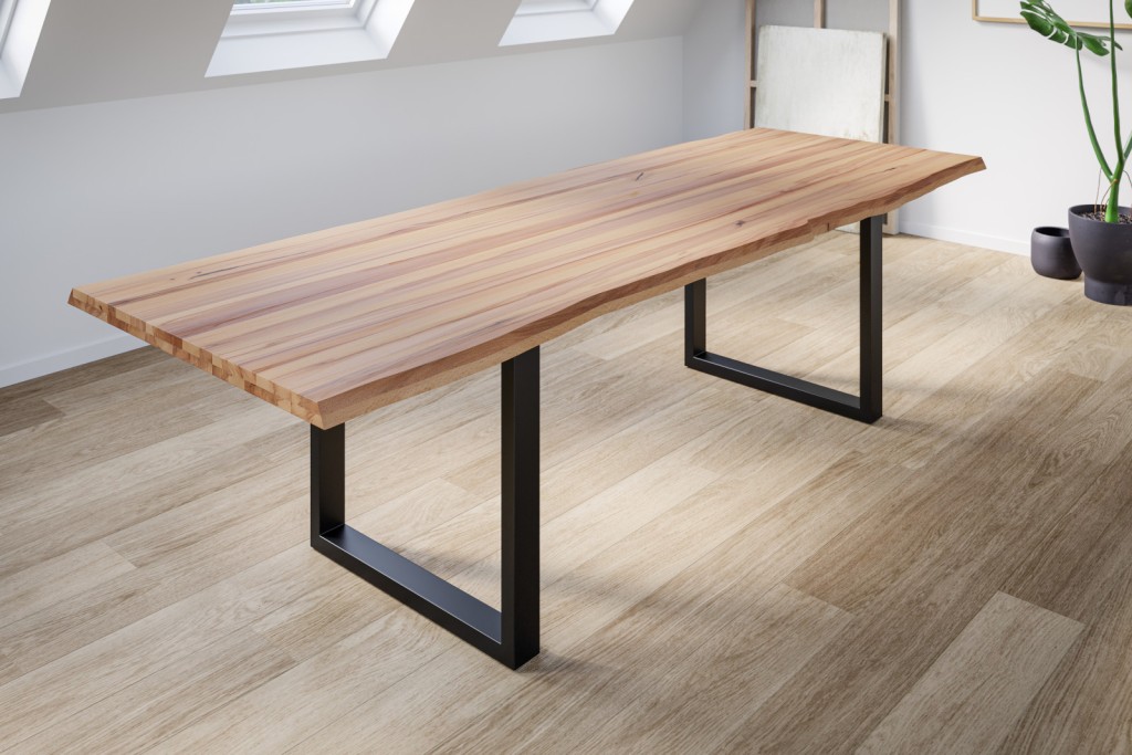 Esstisch Baumkante Massiv Wildbuche 260 x 100 mattschwarz U-Gestell ROMAN