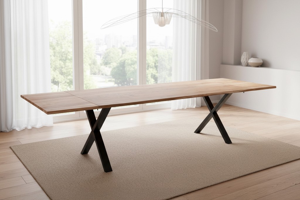 Esstisch Baumkante Akazie natur 220(320)x100 Ansteckplatten X-Gestell schwarz AVINO