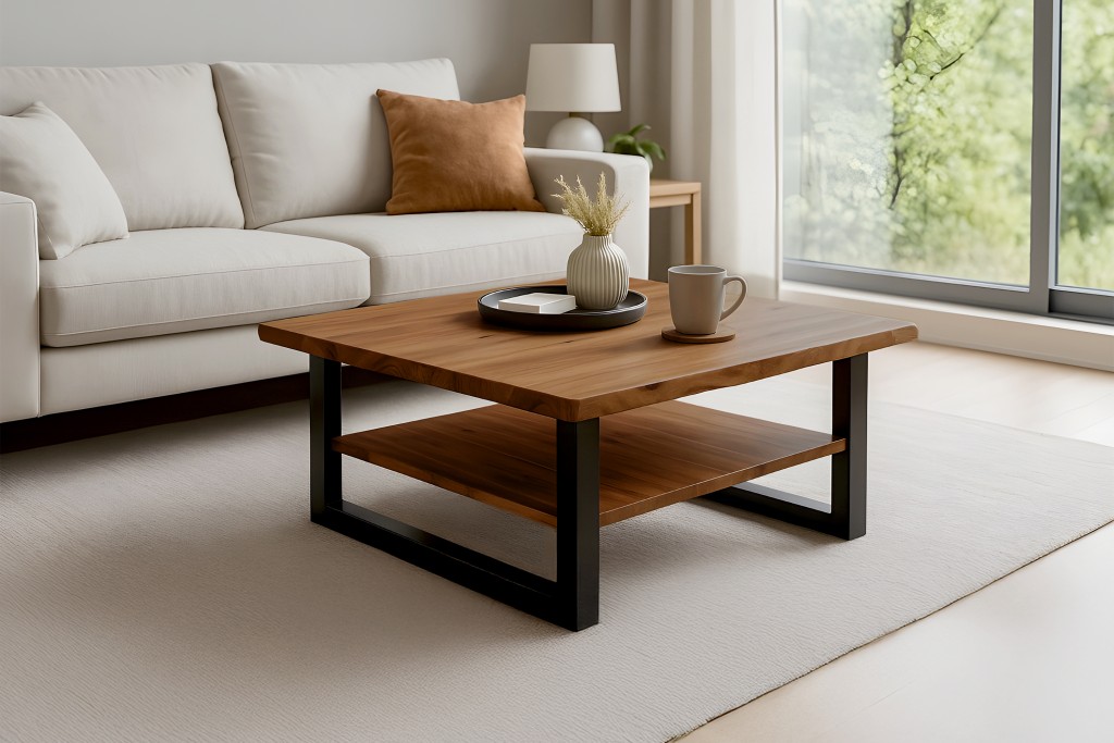 Couchtisch Baumkante 90 x 90 cm Akazie honigfarben schwarz PATRICK