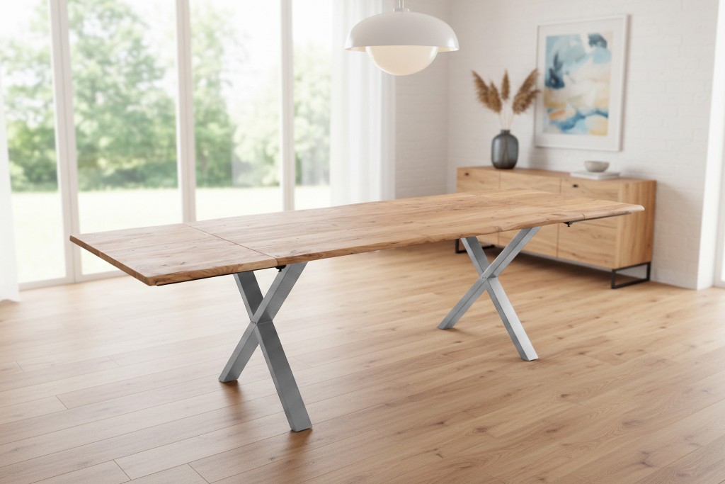 Esstisch Baumkante Akazie natur 160(260)x90 Ansteckplatten X-Gestell silber AVINO