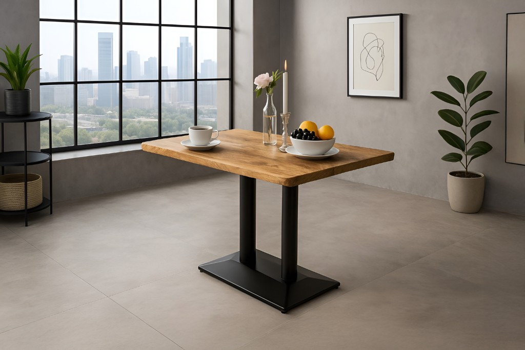 Bistrotisch Baumkante massiv 100 x 60 cm naturfarben Mango schwarz Doppelsäulengestell ISLA