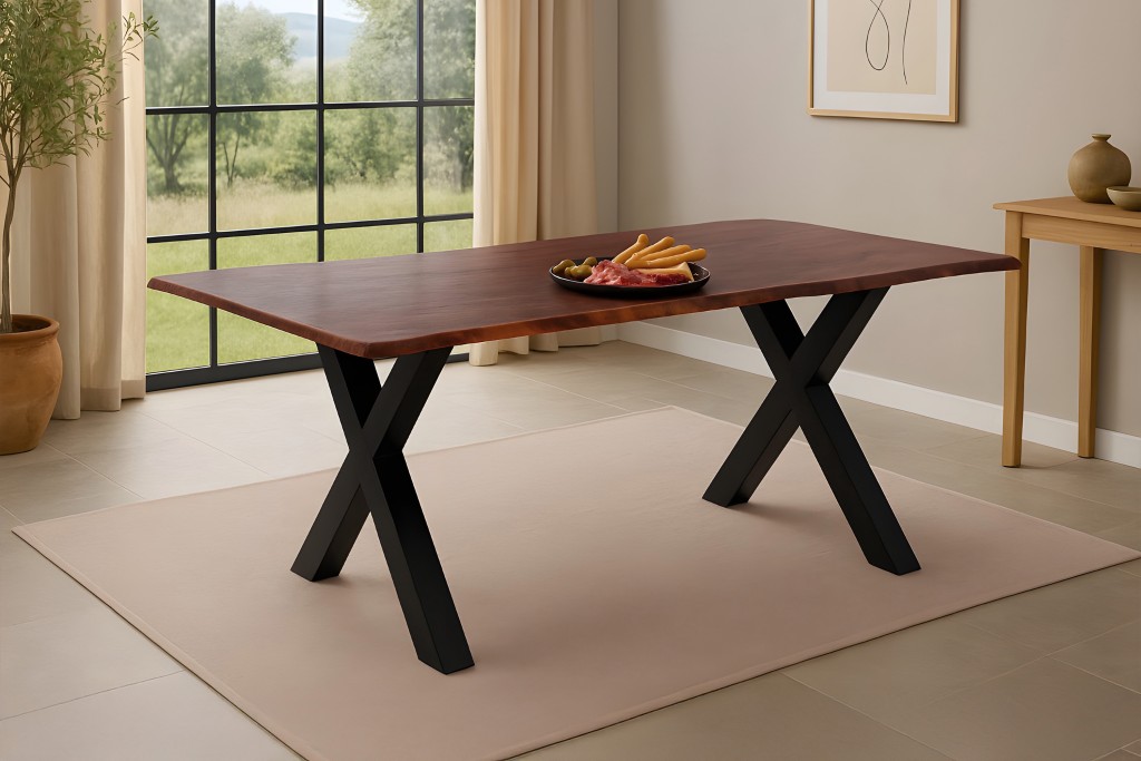 Esstisch Baumkante massiv Akazie kastanienfarben 160 x 85 cm X-Gestell schwarz Roxana