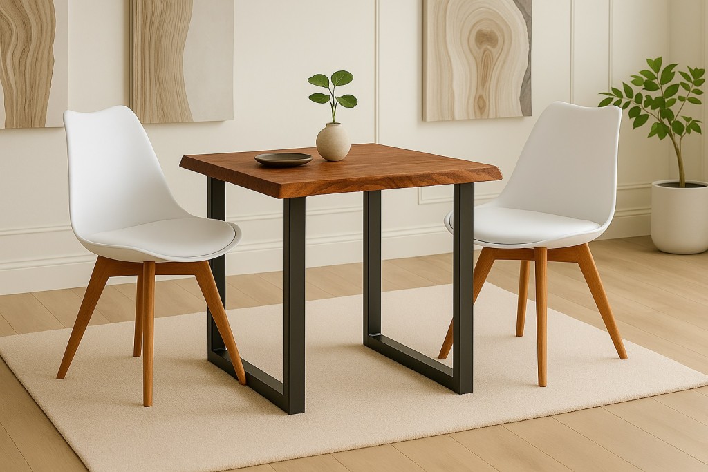 Essgruppe Baumkante massiv 80 x 80 Holz-Optik Nussbaum U-Gestell schwarz & 2 Stühle weiß JOSY