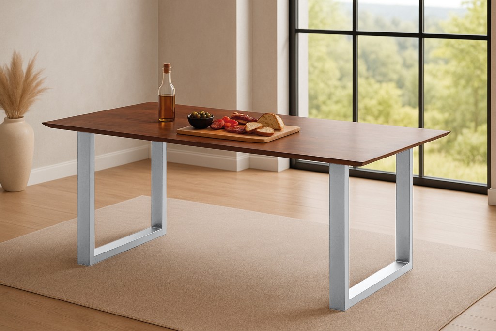 Esstisch 180x90cm Akazie massiv kastanienfarben schweizer Kante U-Gestell silber RITA