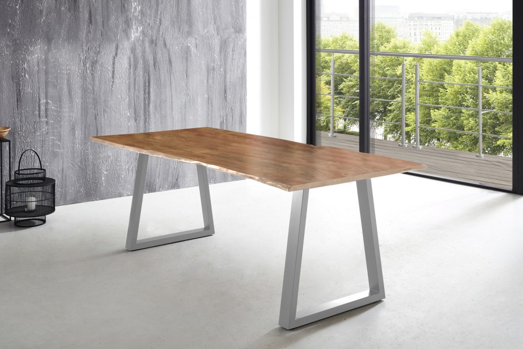 Esstisch Baumkante massiv Akazie natur 220 x 100 silber V-Gestell LUBIN