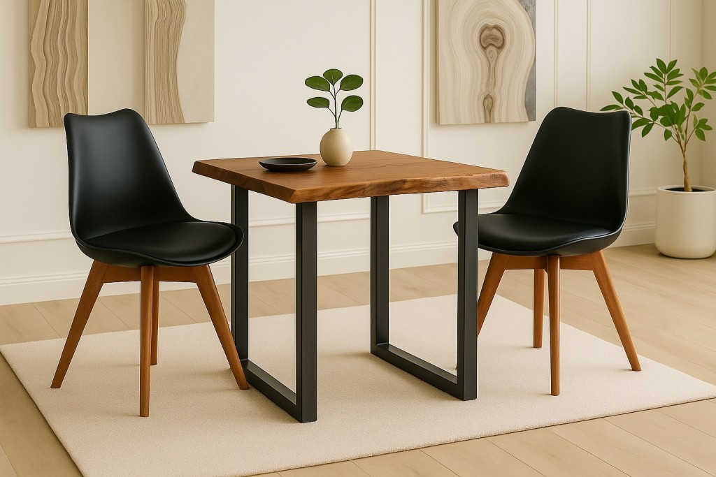 Essgruppe Baumkante massiv 80 x 80 cm Holz-Optik Nussbaum U-Gestell schwarz & 2 Stühle schwarz JOSY