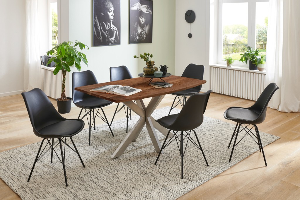 Esstisch Baumkante massiv Akazie nussbaum 180x90 cm Spider-Gestell silber Kalea