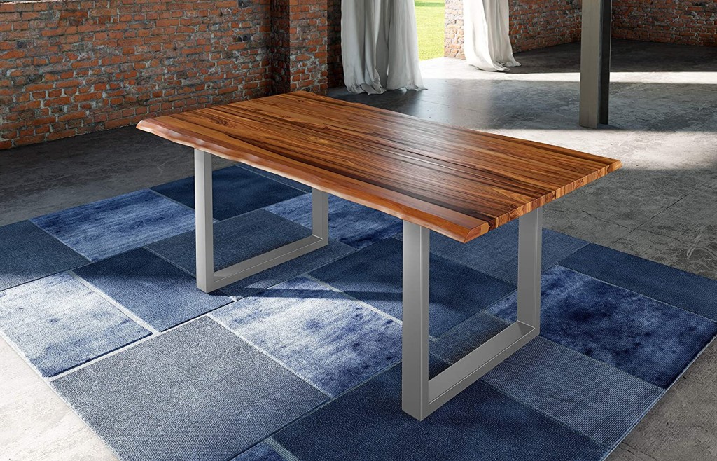 Esszimmertisch Baumkante cognacfarben Akazienholz geteilt silber 140 cm ISABELLA