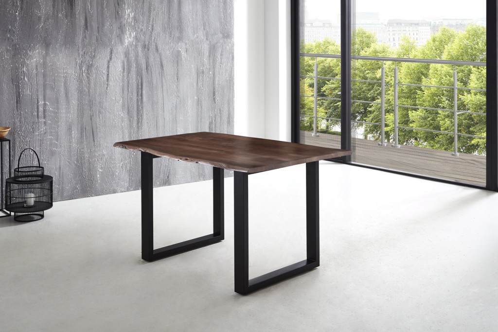 Esstisch Baumkante massiv Akazie nussbaum 160 x 85 schwarz U-Gestell LUBIN