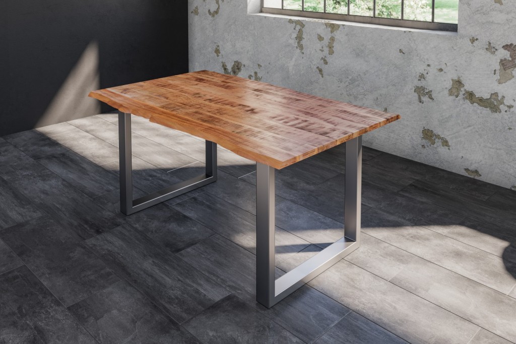 Esstisch Baumkante Massiv Mango naturfarben 140 x 80 silber U-Gestell DORA