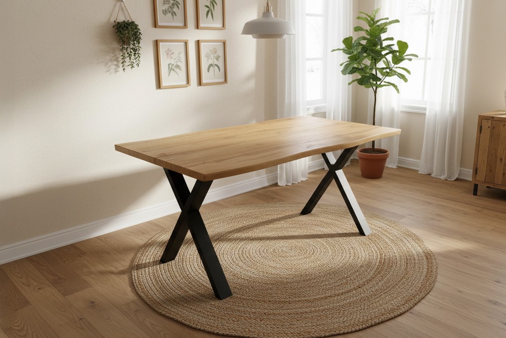 Esstisch Baumkante Holz-Optik Wildeiche 160 x 85 X-Gestell schwarz DUA