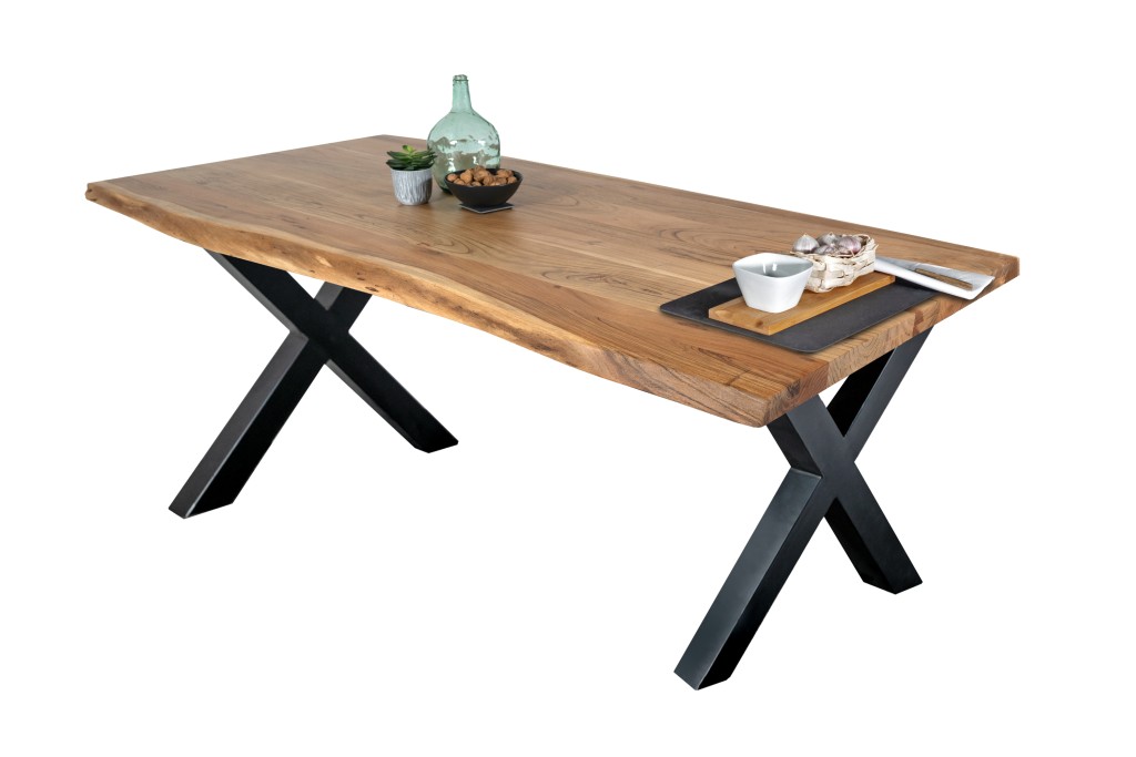 Esstisch Baumkante massiv Akazie Natur 140 x 80 X-Gestell schwarz TOMASO