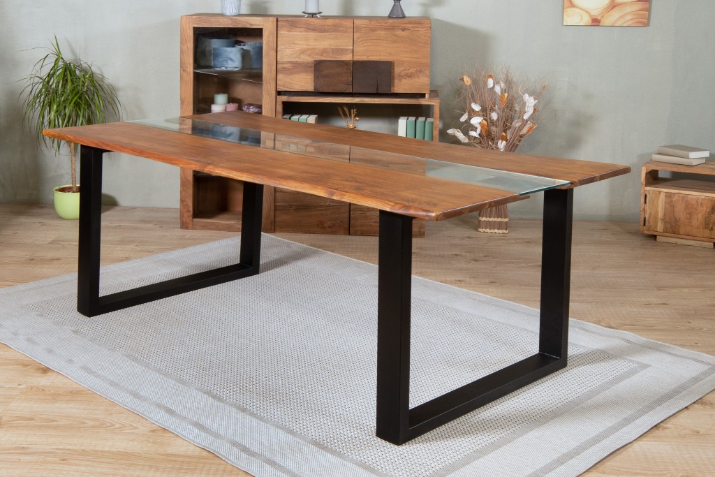 Esstisch Baumkante mit Glaseinsatz 175 x 90 cm Akazie nougat U-Gestell schwarz KLAUS