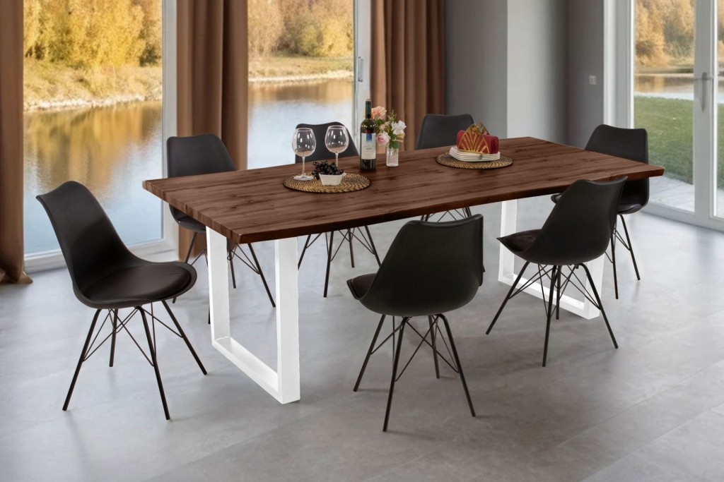 Esstisch Baumkante Holz-Optik Nussbaum 240 x 100 U-Gestell weiß JOSY