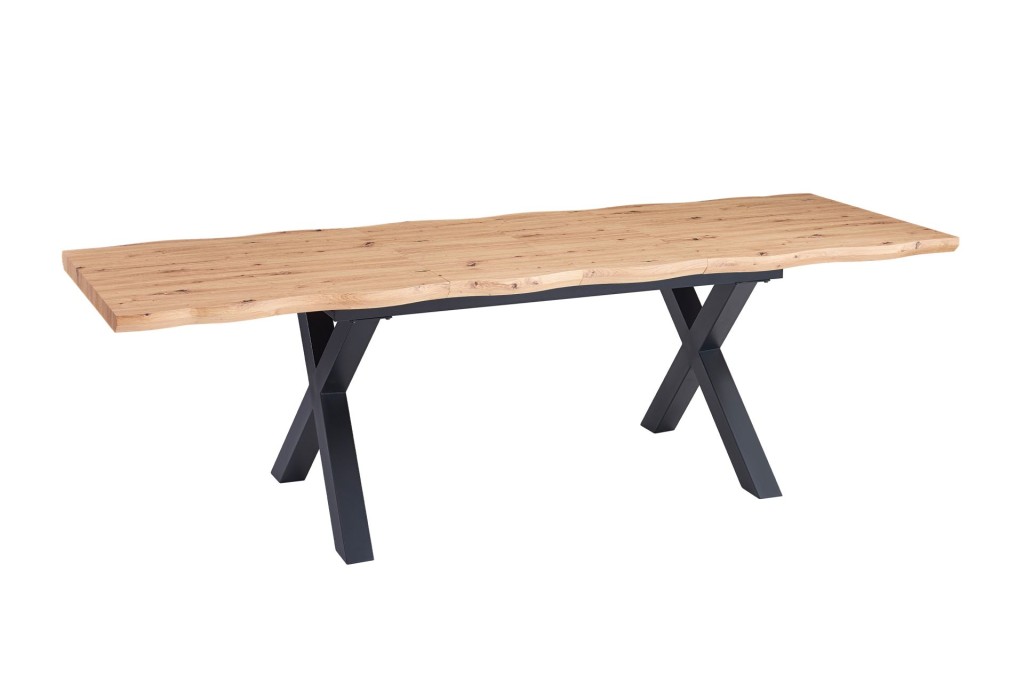 Esstisch Baumkante Holz Wildeiche-Optik 180(260) x 90 X-Gestell schwarz SWAN