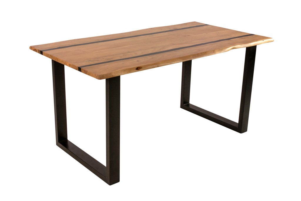 Esstisch 180 x 90 cm Akazie massiv natur mit schwarzen Resin-Adern U-Gestell schwarz PETER