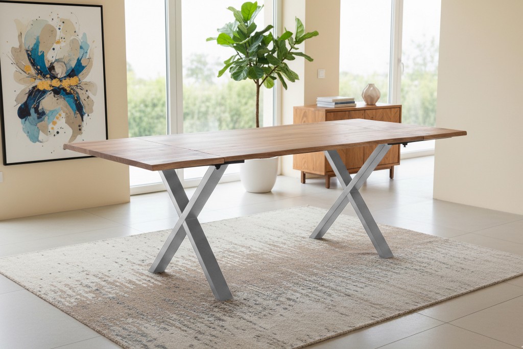 Esstisch Baumkante Akazie natur 120(200)x90 Ansteckplatten X-Gestell silber AVINO