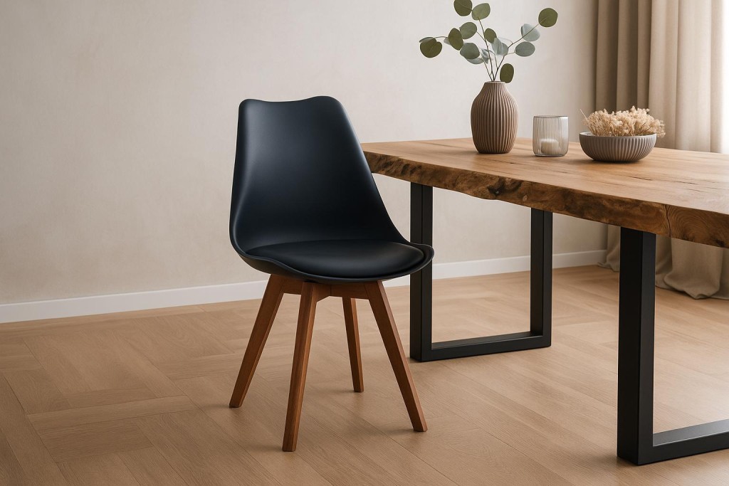 Esszimmer Schalenstuhl & Polster Kunstleder schwarz Stuhlbein Massivholz nussbaumfarben LOVELACE