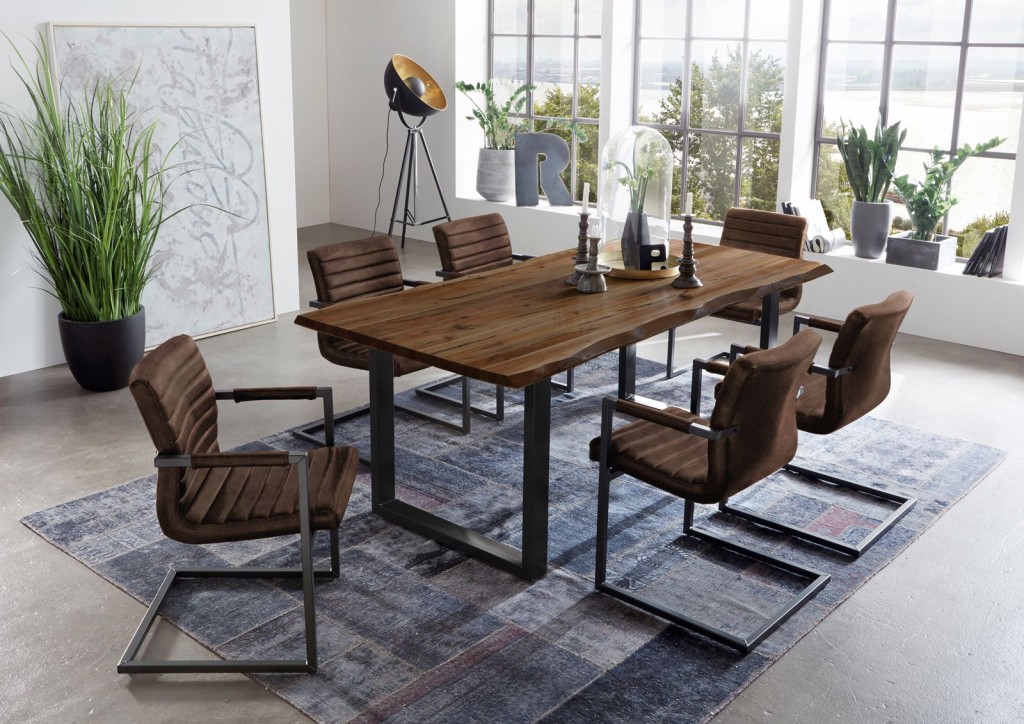 Essgruppe 180 cm Akazie natur U-Gestell schwarz mit 6 Stühlen wildleder NOAH