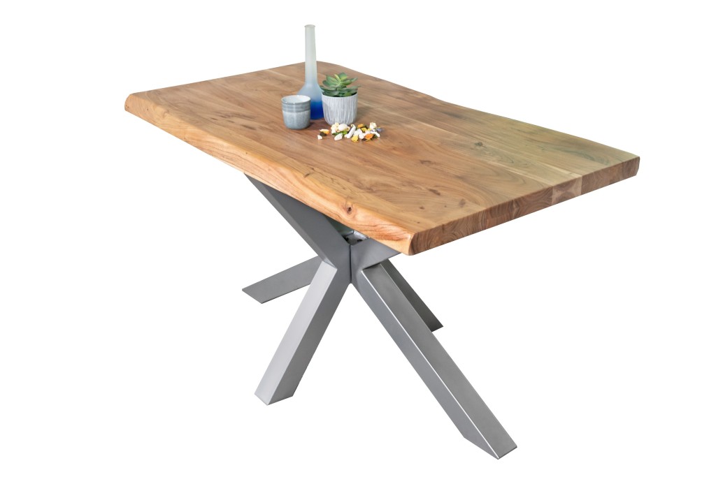 Esstisch Baumkante massiv Akazie Natur 200 x 110 Spider-Gestell silber CALI