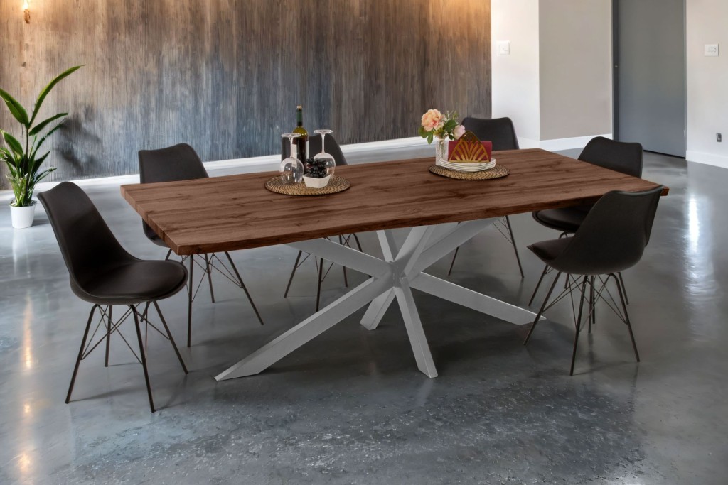 Esstisch Baumkante Holz-Optik Nussbaum 240 x 100 Spider-Gestell silber JOSY