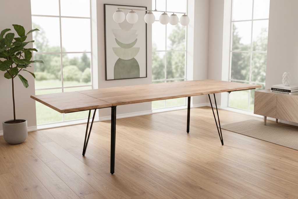 Esstisch Baumkante Akazie natur 180(280)x90 Ansteckplatten Vierfuß-Gestell schwarz AVINO