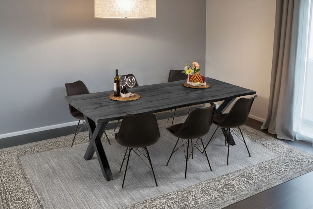 Esstisch Baumkante Holz-Optik Grau 240 x 100 X-Gestell schwarz JOSY