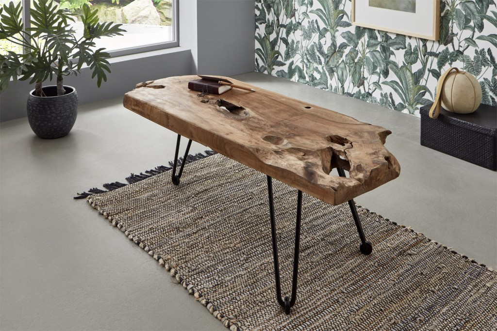 Couchtisch Beistelltisch Teakholz Hairpin-Gestell 100 x 40 x 40 cm schwarz ISANA