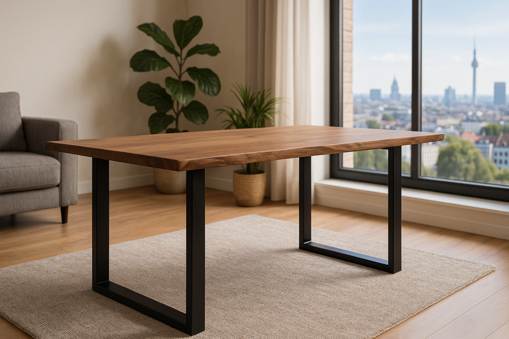 Esstisch Baumkante massiv Akazie stonefarben 180 x 90 cm schwarz LAURINA