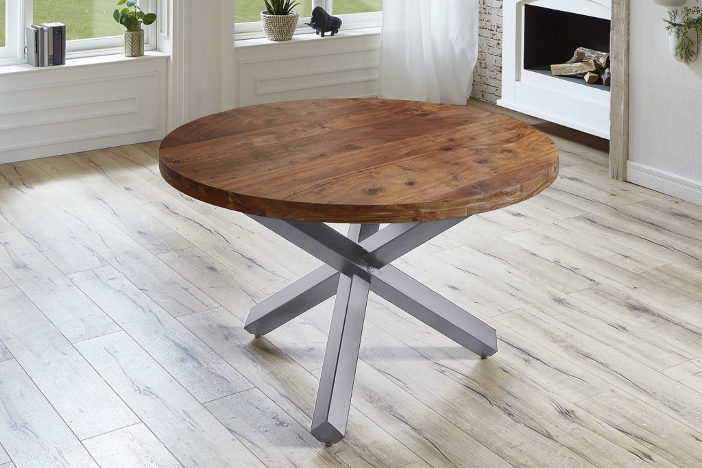Esszimmertisch rund 130 cm Akazienholz Nussbaum Silber RUNO