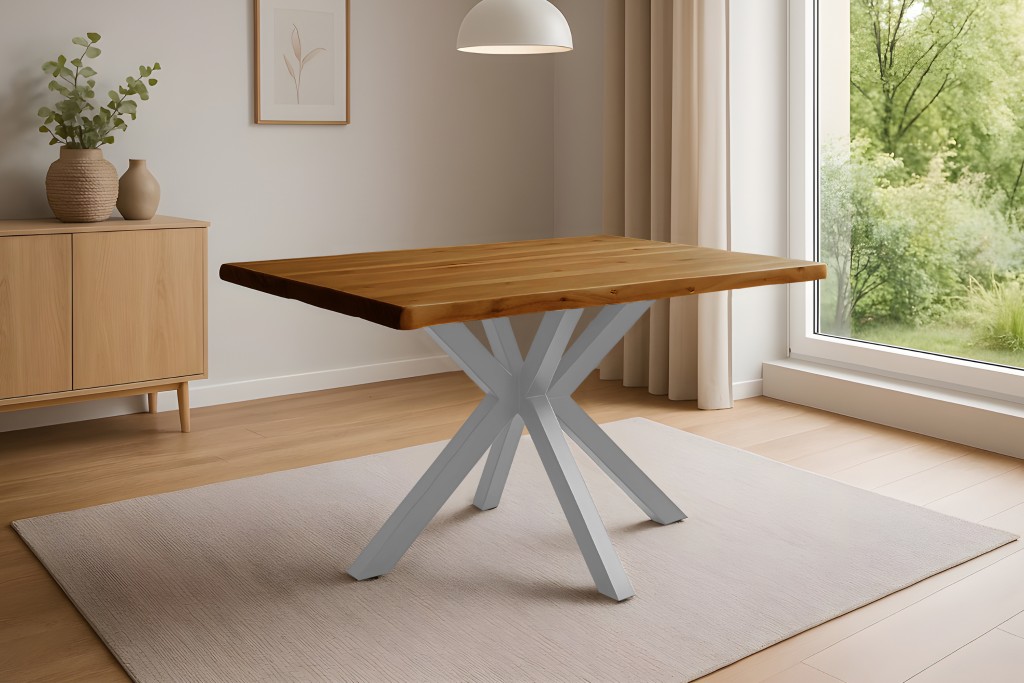 Esstisch Baumkante Akazie honigfarben 140 x 80 cm Spider-Gestell silber HARLEY