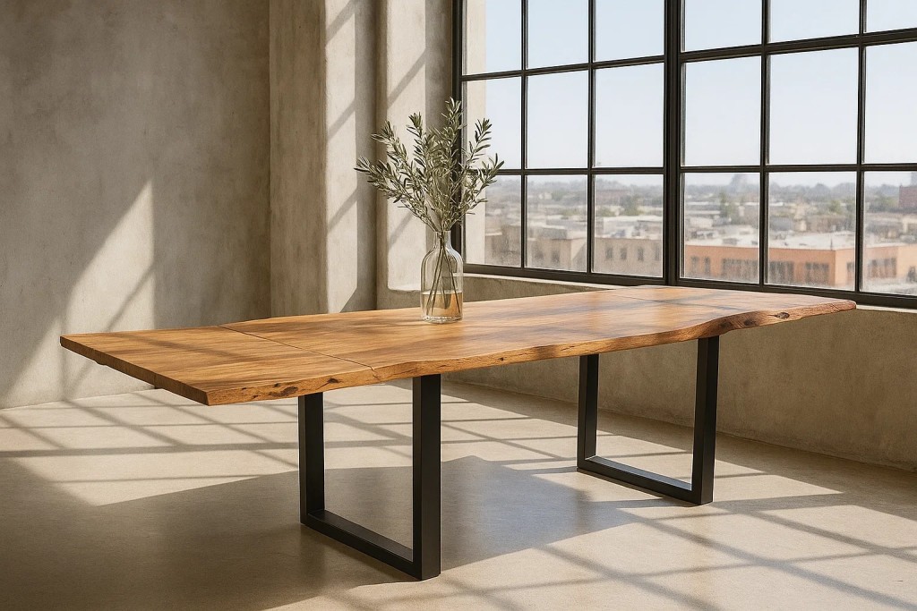 Esstisch Baumkante Akazie stone 180 (280) x 90 mit Ansteckplatten BARCELONA