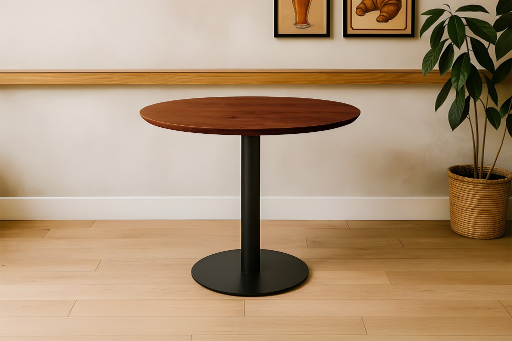 Bistrotisch Schweizer Kante massiv 80 cm Akazie nussbaumfarben Säulengestell-rund schwarz BRASILIAN