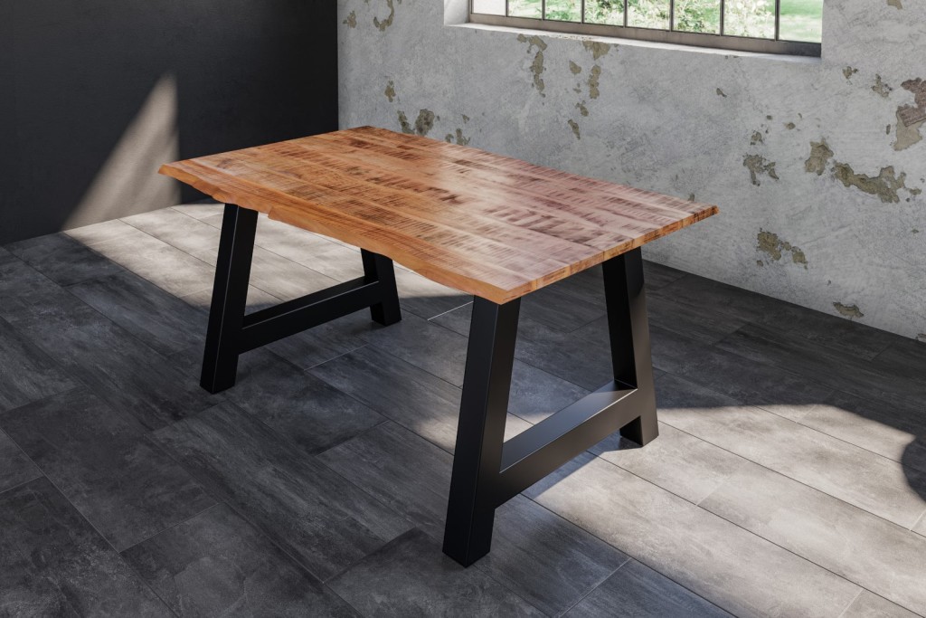 Esstisch Baumkante Massiv Mango naturfarben 120 x 80 schwarz A-Gestell DORA